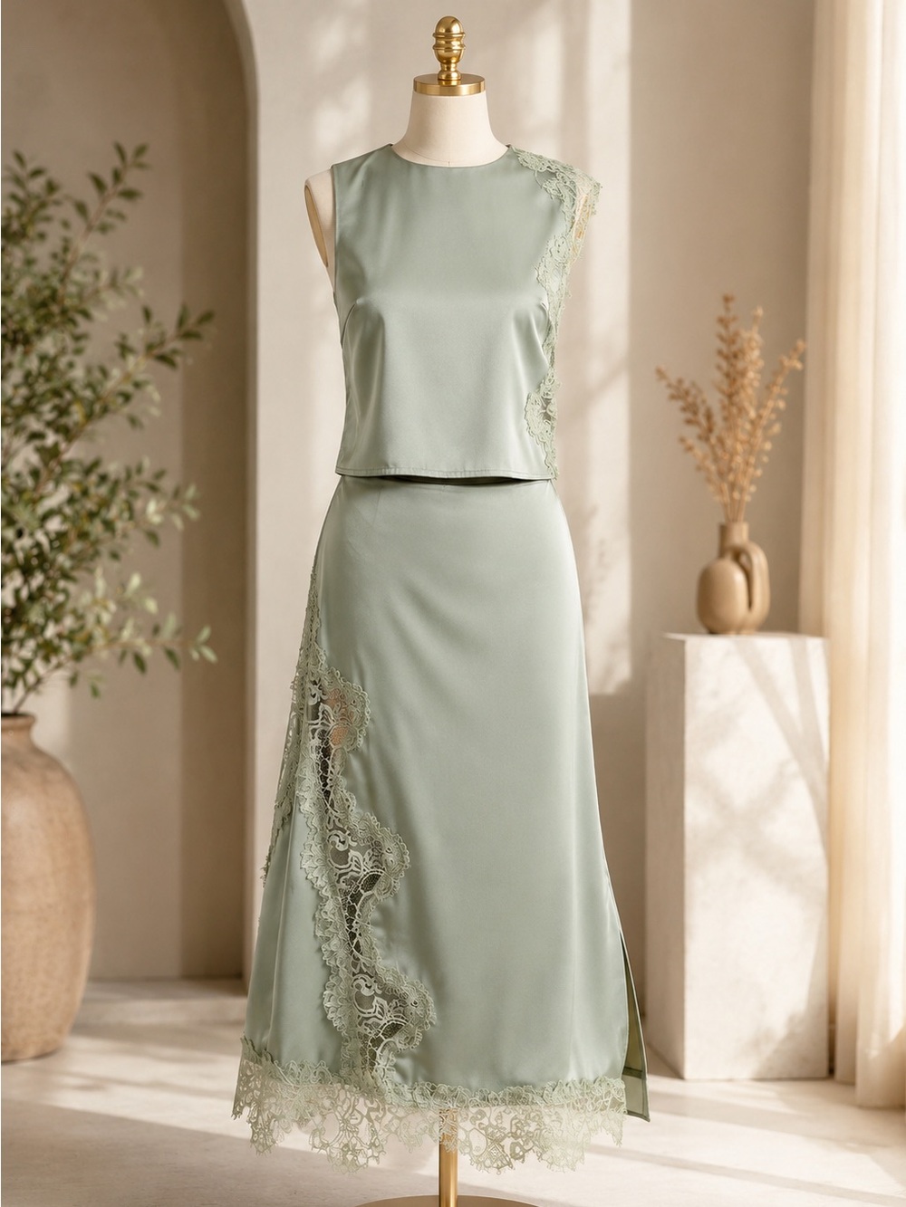 Sage Lace-Accent Maxi Skirt Set